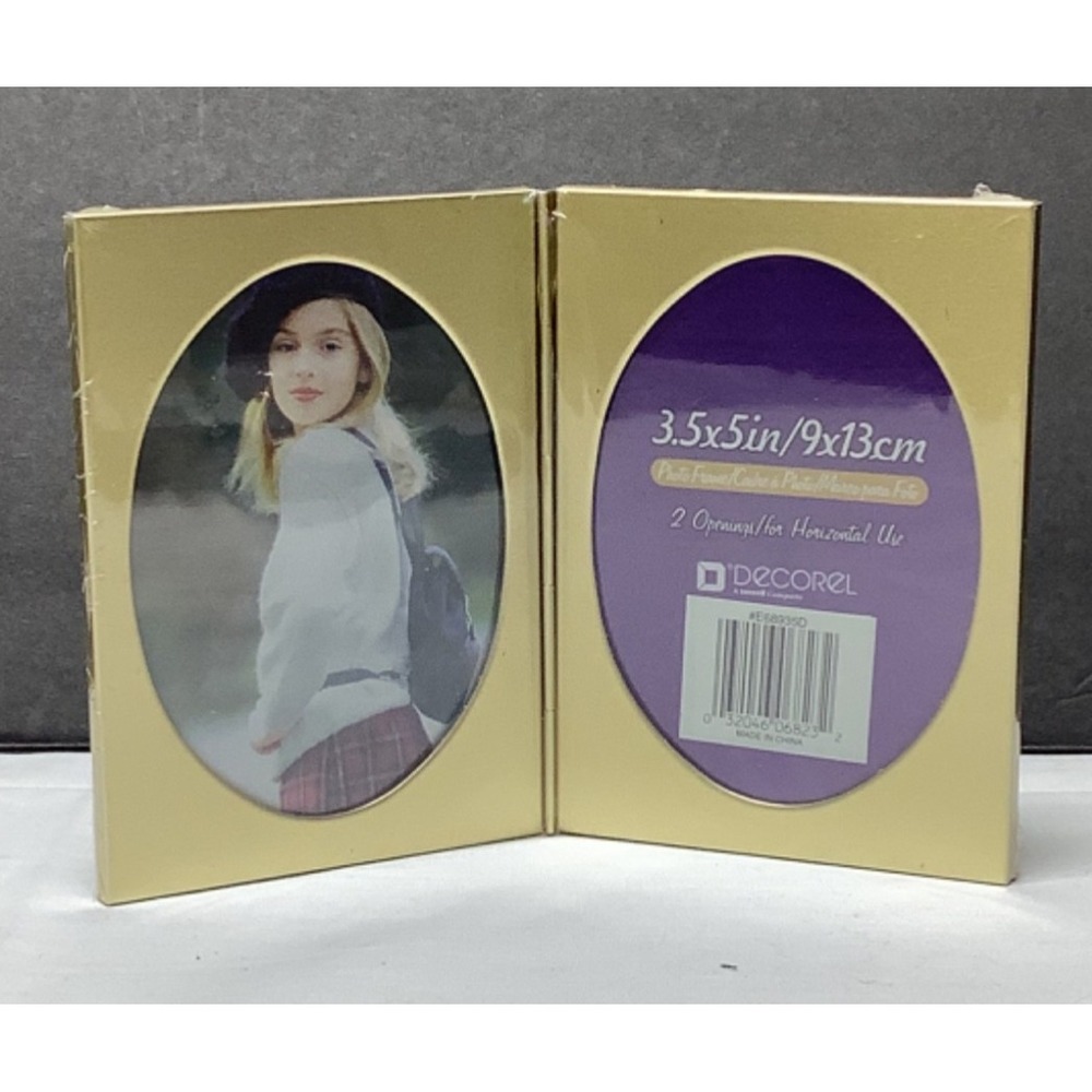 NEW Decorel 3.5"x5" Gold Tone Two Photo Frame Free standing Bifold Sealed